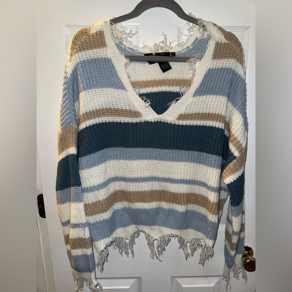 Striped V-Neck Frayed Sweater